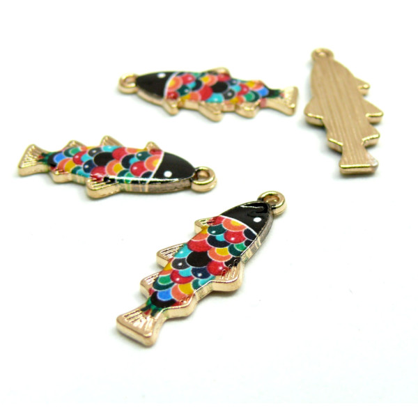 Pendentifs, breloques émaillées forme Poisson, métal Doré
