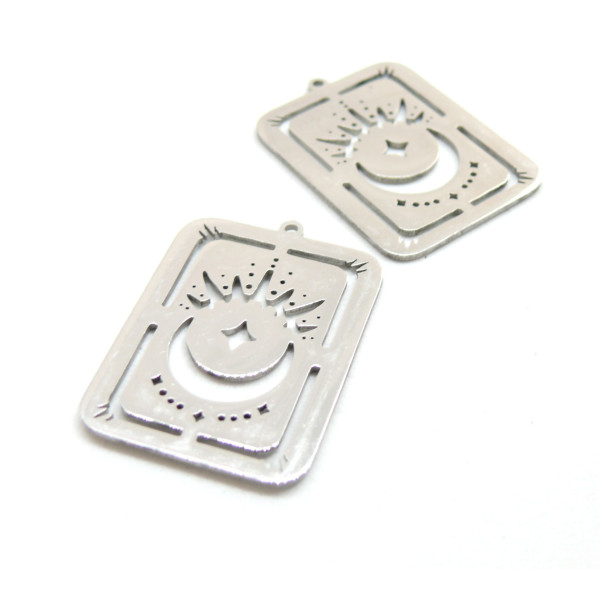 Pendentifs Rectangle Etoile et Lune 31.5 mm, Acier Inoxydable, finition Argenté
