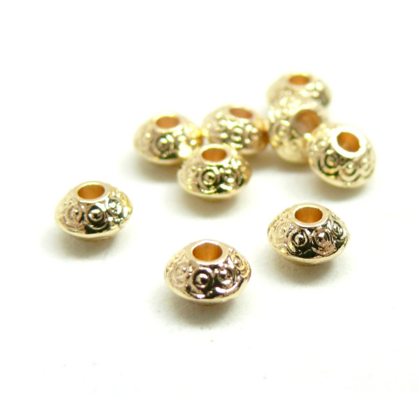 Perles Intercalaires, Rondelles Travaillées 5.3 par 3.3mm, Laiton, finition Doré à l'or fin 18K