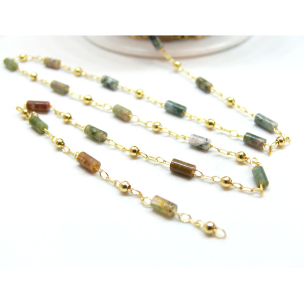 Chaine Fantaisie avec Tube en Agate Indienne, Laiton, finition Doré à l'or fin 18K
