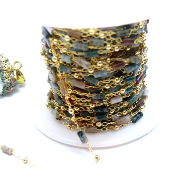Chaine Fantaisie avec Tube en Agate Indienne, Laiton, finition Doré à l'or fin 18K