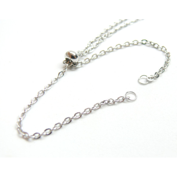 Bracelet Réglable, ajustable, Maille 2mm - 26 cm, Acier Inoxydable 304, finition Argent Platine avec Strass