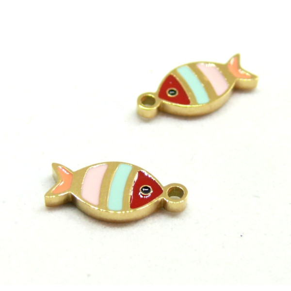 Pendentif, Poisson 12mm, résine émaillée, Acier Inoxydable 304, Doré placage IONIQUE