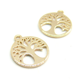 Pendentifs, Arbre dans Cercle 12mm, laiton finition Doré  à l'or fin 18K