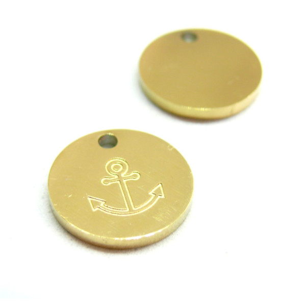 Pendentifs, Médaillon avec Ancre Marine 12mm, Acier Inoxydable 316L, Doré à l'or fin 18K, Placage IONIQUE