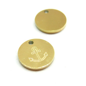 Pendentifs, Médaillon avec Ancre Marine 12mm, Acier Inoxydable 316L, Doré à l'or fin 18K, Placage IONIQUE