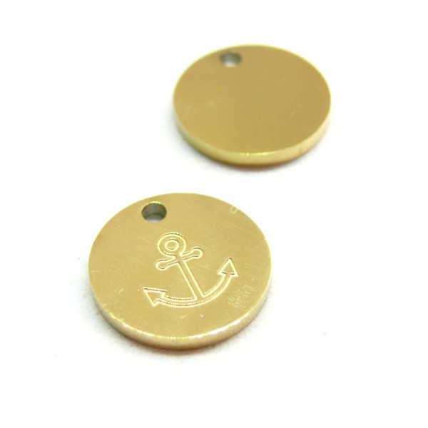 Pendentifs, Médaillon avec Ancre Marine 12mm, Acier Inoxydable 316L, Doré à l'or fin 18K, Placage IONIQUE
