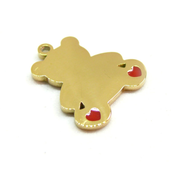 Pendentif, Ourson et coeur 18mm, résine émaillée, Acier Inoxydable 304 finition Doré