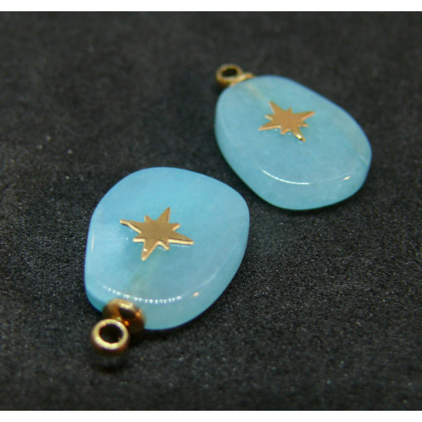 Pendentif, Goutte Trapèze avec Etoile, Jade teintée Bleu Ciel, acier inoxydable 304 finition Doré