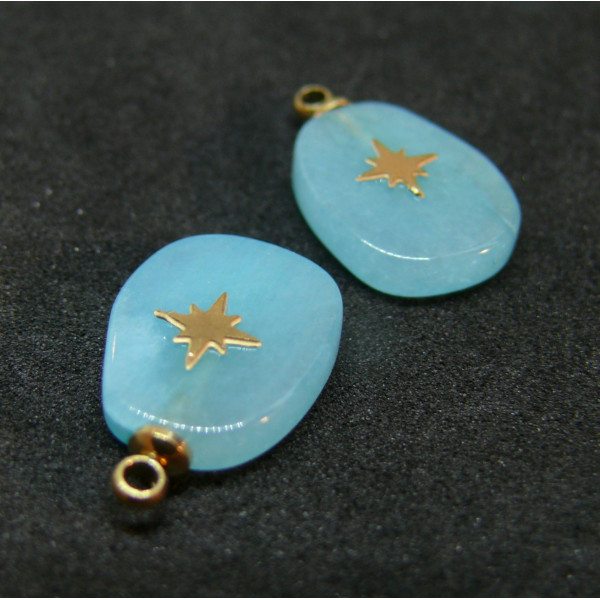 Pendentif, Goutte Trapèze avec Etoile, Jade teintée Bleu Ciel, acier inoxydable 304 finition Doré