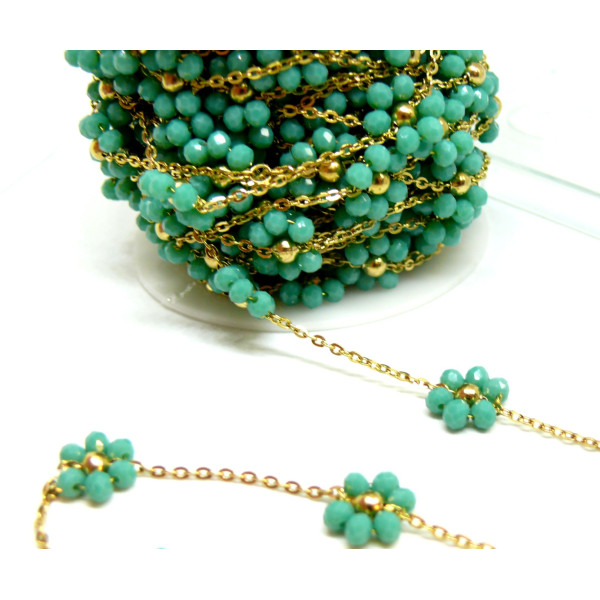 H11P01640G02 – Lot de 20 cm de chaîne maille Fleurs en verre Vert Turquoise - Acier Inoxydable 304 Doré