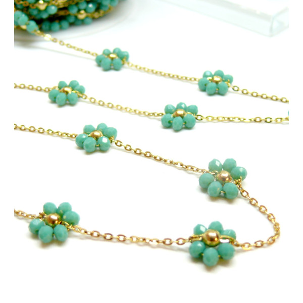 Chaine maille Fleurs en verre Vert Turquoise, Acier Inoxydable 304 , finition Doré
