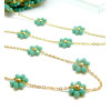 Chaine maille Fleurs en verre Vert Turquoise, Acier Inoxydable 304 , finition Doré