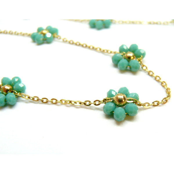 Chaine maille Fleurs en verre Vert Turquoise, Acier Inoxydable 304 , finition Doré