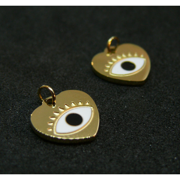 Pendentif Coeur avec anneau, Amulette Oeil de la protection 10mm, Acier Inoxydable 316, finition Doré à l'or fin 14K