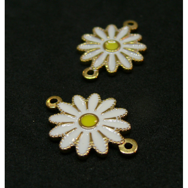 Connecteur Marguerite, résine émaillée Blanc, Acier Inoxydable 304, finition Doré, placage IONIQUE