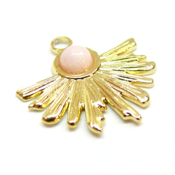 Pendentif, Demi Soleil, Eventail 25 mm, Acier Inoxydable 304 finition Doré et Agate Rose