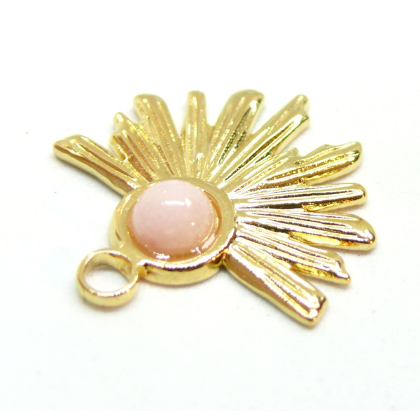 Pendentif, Demi Soleil, Eventail 25 mm, Acier Inoxydable 304 finition Doré et Agate Rose