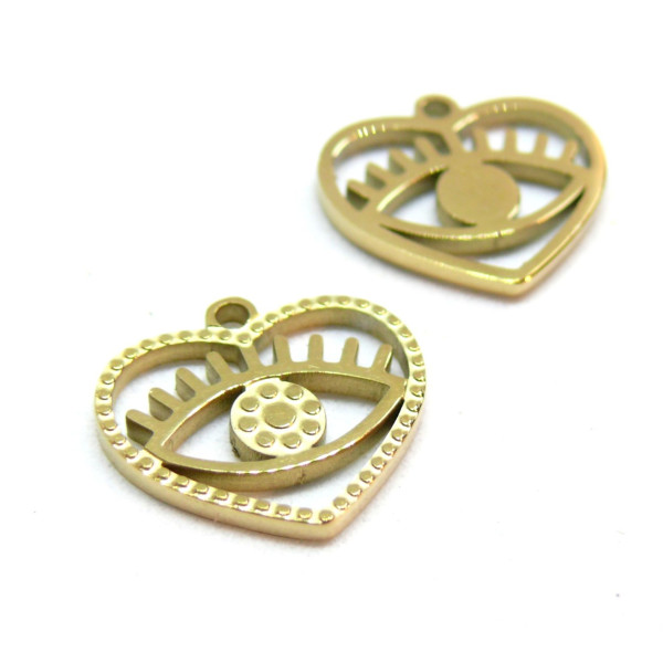 Pendentif Coeur , Amulette Oeil de la protection 15mm, Acier Inoxydable 316L, finition Doré à l'or fin 18K, IONIQUE