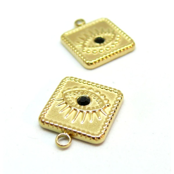 Pendentif Carré avec Strass, Amulette Oeil de la protection 13mm, Acier Inoxydable 316, Doré à l'or fin 18K, Placage IONIQUE