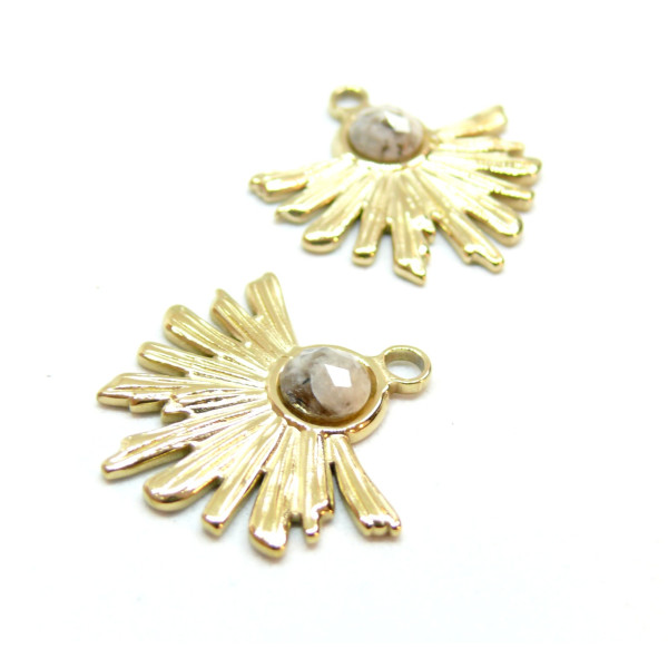 Pendentif  Demi Soleil Eventail 26 mm Acier Inoxydable finition Doré 18KT et Feldspar