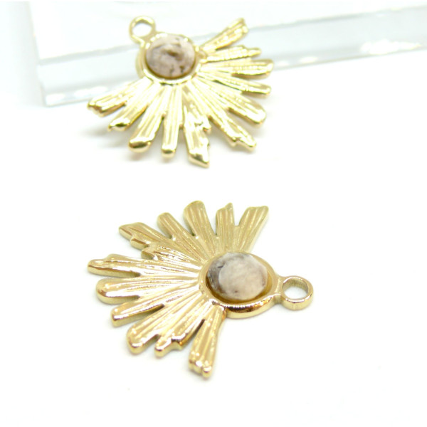 Pendentif  Demi Soleil Eventail 26 mm Acier Inoxydable finition Doré 18KT et Feldspar