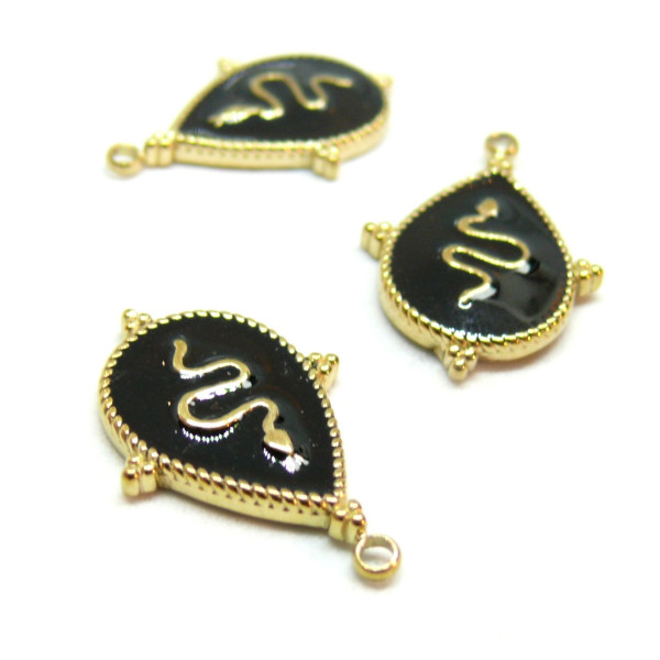 Pendentif Serpent dans Goutte, résine émaillée NOIR, Acier Inoxydable 304, finition Doré, Placage IONIQUE