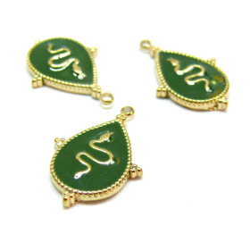 Pendentif Serpent dans Goutte, résine émaillée VERT, Acier Inoxydable 304, finition Doré, Placage IONIQUE