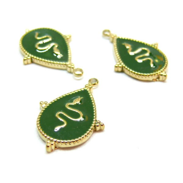 Pendentif Serpent dans Goutte, résine émaillée VERT, Acier Inoxydable 304, finition Doré, Placage IONIQUE