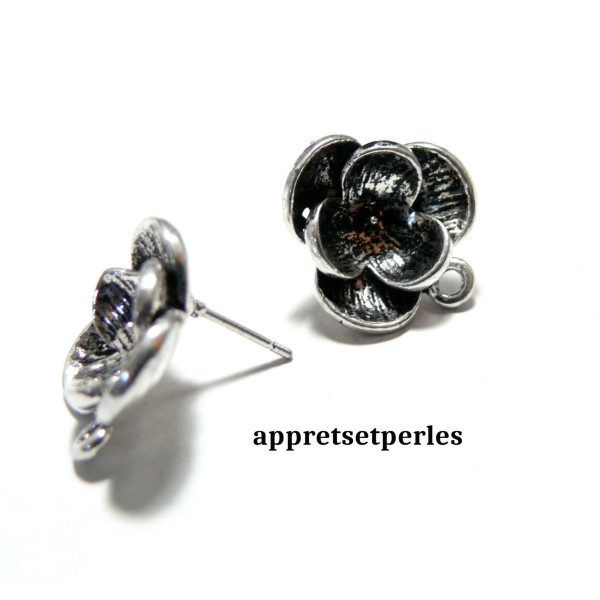 Supports de Boucle d'oreille Puce FLEUR 3D avec anneau d'attache, laiton finition Argent Antique