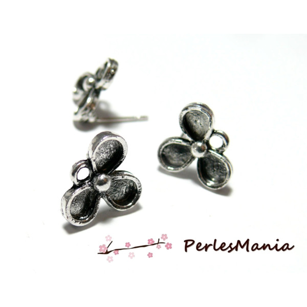 Boucles d'oreille, Puce fleur avec anneau d'attache, laiton finition Argent Antique
