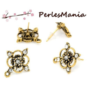 S1130683 – Lot de 2 ou 4 Boucles d’oreilles Puces Fleur & Strass avec Anneau – Finition Vieil Or + Embouts Plastique