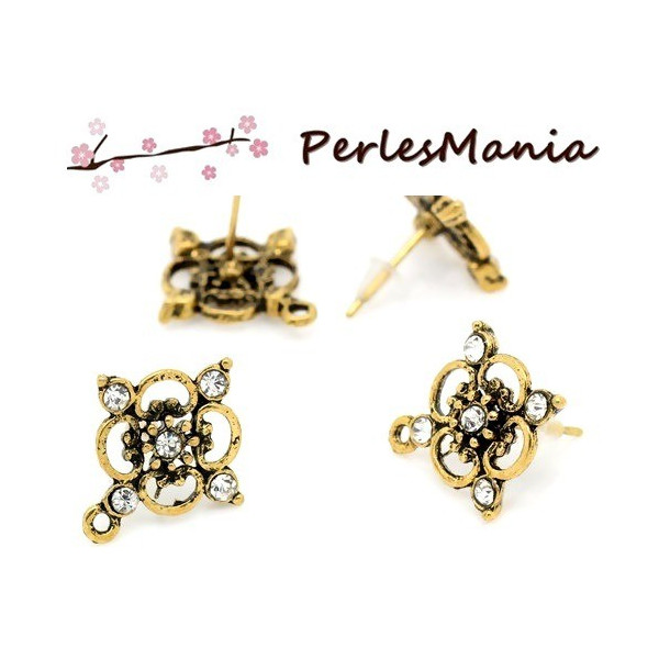 S1130683 – Lot de 2 ou 4 Boucles d’oreilles Puces Fleur & Strass avec Anneau – Finition Vieil Or + Embouts Plastique