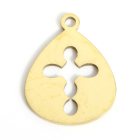 Pendentifs Croix dans Goutte 17mm, Acier Inoxydable 316, Doré à l'or fin 18K, Placage IONIQUE