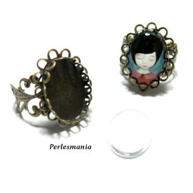 2 pièces: 1 bague double vague anneau dentelle 13 par 18 Bronze et 1 cabochon 