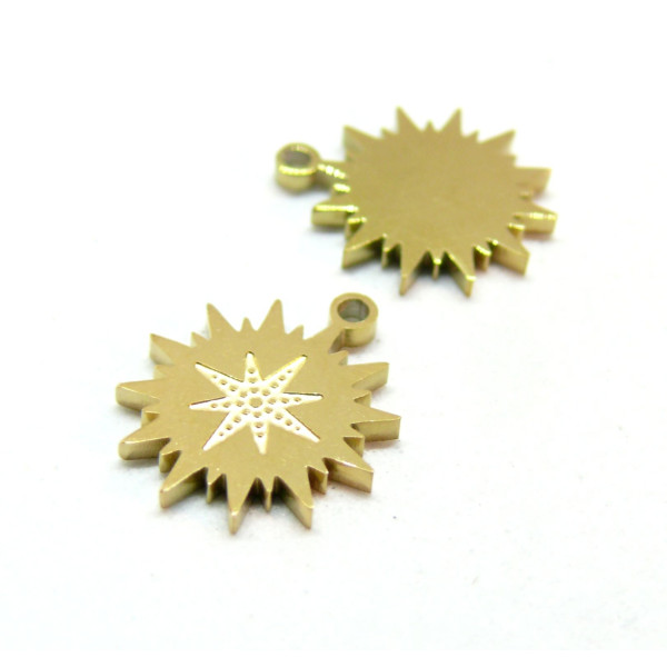 Pendentifs, Soleil Etoile 13 mm, Acier Inoxydable 304, finition Doré Placage IONIQUE