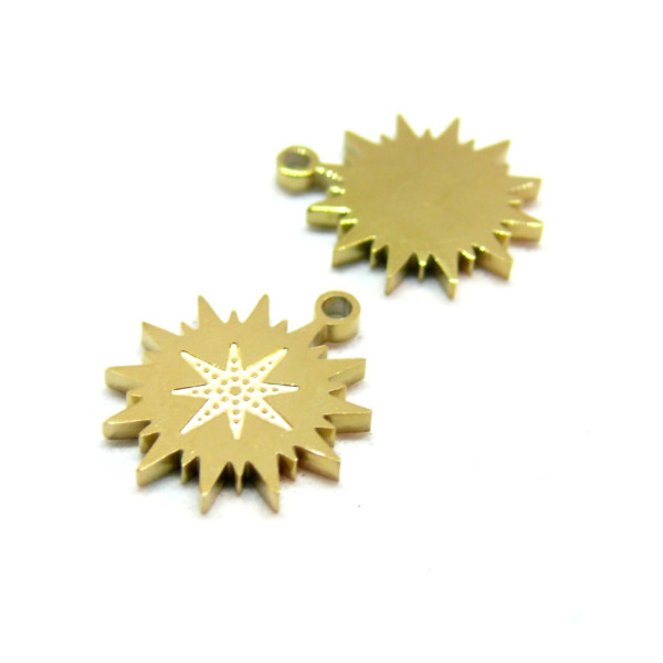 Pendentifs, Soleil Etoile 13 mm, Acier Inoxydable 304, finition Doré Placage IONIQUE