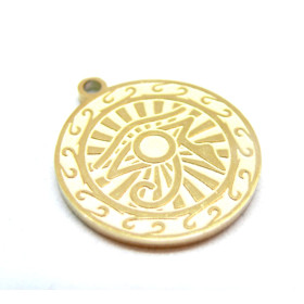 Pendentif Amulette, Médaille avec Oeil de la protection 18mm, Acier Inoxydable 304 Doré, Placage IONIQUE