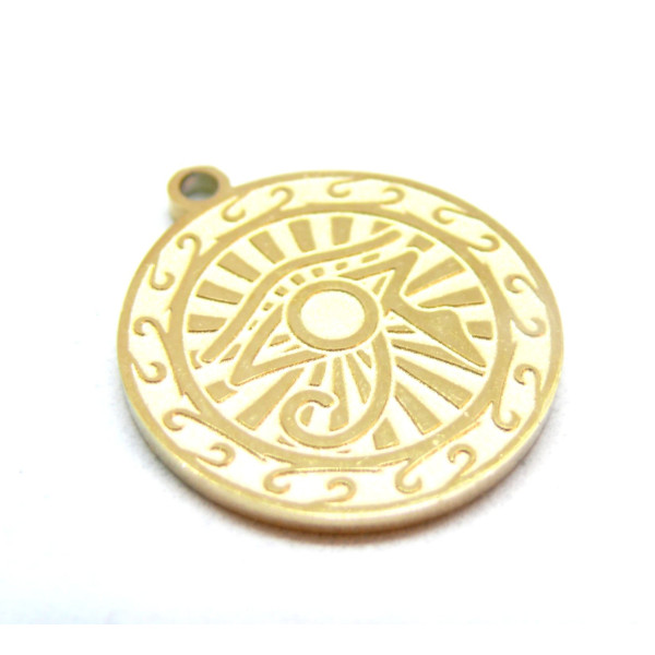 Pendentif Amulette, Médaille avec Oeil de la protection 18mm, Acier Inoxydable 304 Doré, Placage IONIQUE