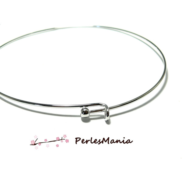 Collier Torque, Jonc rigide 1mm, Laiton finition Argent Platine avec Perle qui se dévisse