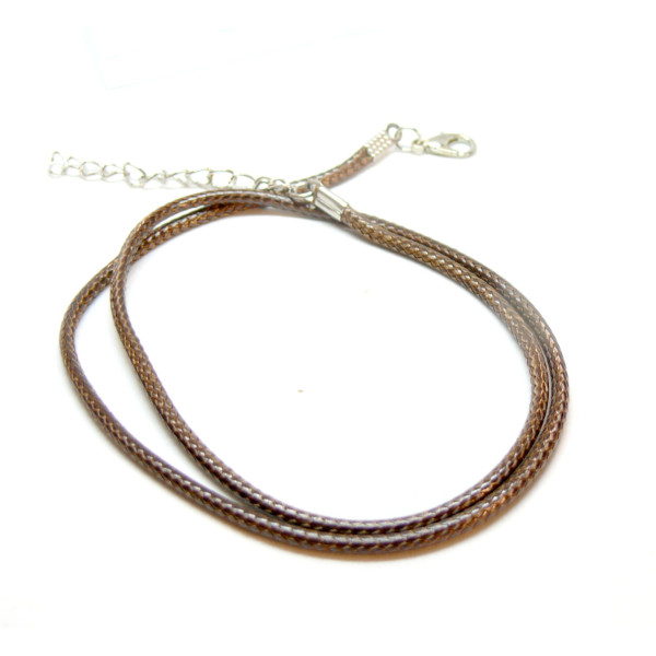 Colliers Ras de Cou,  Corde Cirée MARRON 2mm, avec chaine d'extension