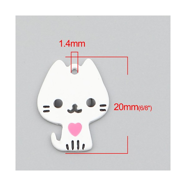 Pendentifs Chat, style émaillé Blanc 20mm