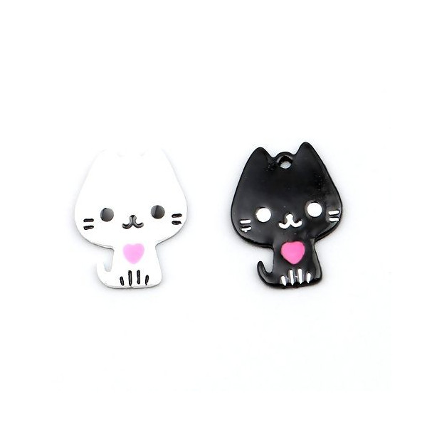 Pendentifs Chat, style émaillé Blanc 20mm