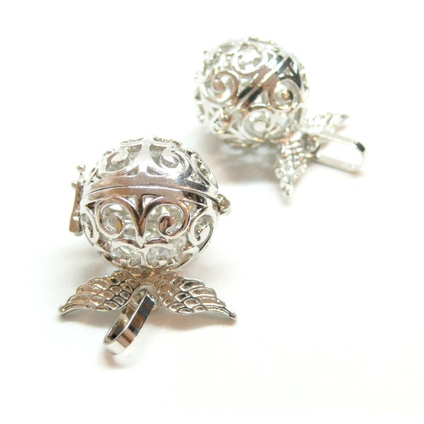 Pendentif Cage Bola, avec Aile d'Ange et Arabesque, finition Argent Platine pour Perle Bola en 16mm