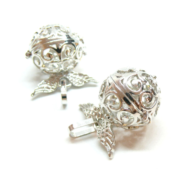 Pendentif Cage Bola, avec Aile d'Ange et Arabesque, finition Argent Platine pour Perle Bola en 16mm
