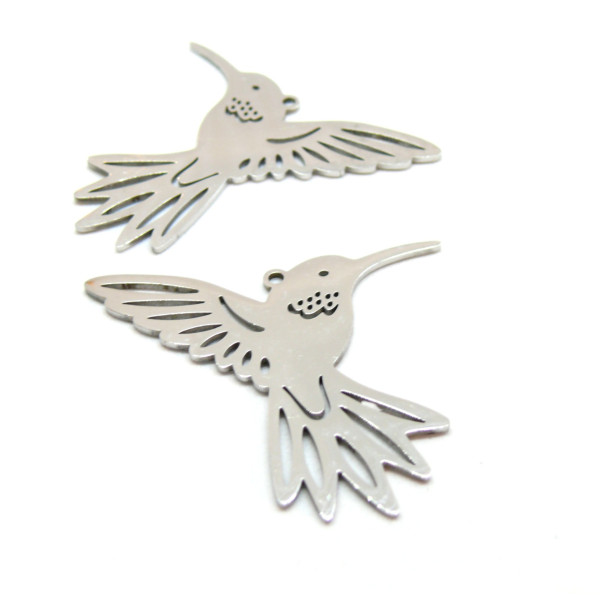 Pendentif Oiseau mouche, Colibri 34mm, Acier Inoxydable 304, finition Argenté