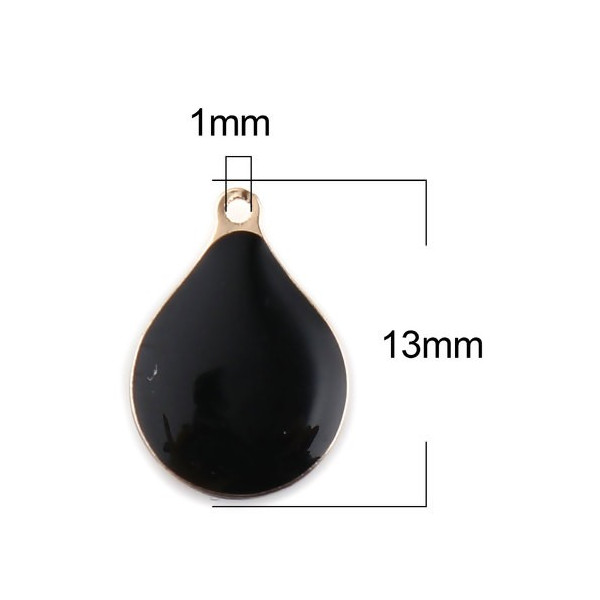 Sequins émaillés, Goutte 13 par 9mm Noir, sur une base en cuivre doré