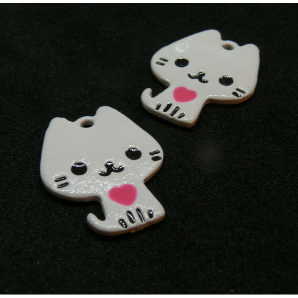 Pendentifs Chat, style émaillé Blanc 20mm