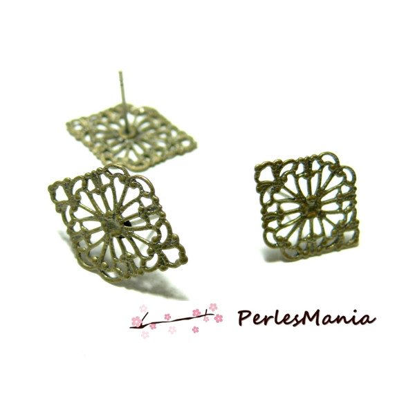 2 Supports de Boucle d'oreille puce losange dentelle BRONZE pour création de bijoux 