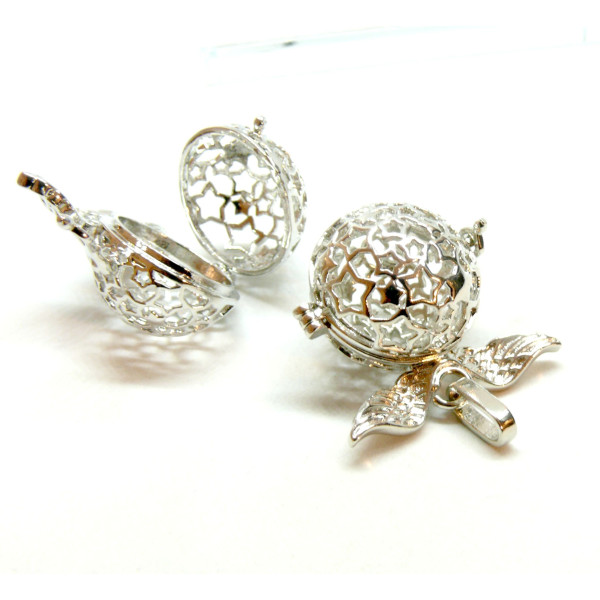 Pendentif Cage Bola, avec Aile d'Ange et Etoiles, finition Argent Platine pour Perle Bola en 16mm